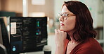 Thinking, computer and programming with business woman for cybersecurity, firewall code and vision. Software engineering, it encryption and cloud data systems with mature person in tech agency