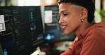 Programmer, reading and woman with computer screen in office for web development, solution or idea. Smile, code and software developer in workplace for problem solving, backend project or research