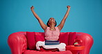 Success, arms up or black woman in studio with laptop, online giveaway or award announcement on email. Win, excited or person on blue background with tech, prize update or victory in digital lottery.