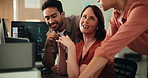 Business people, coach or computer with group for programming, coding or app discussion in office. Team, employee or mentor with technology or staff for cybersecurity or software development together