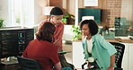 Technology, meeting and team of business women in office with coding project for collaboration. Discussion, computer and programmers with manager for feedback on web development at startup agency.