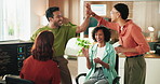 Happy, business people or applause with high five for good news or app success in office. Excited, group or clapping with technology or team for cybersecurity development or winning in workplace