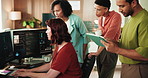 Business people, coach or tablet with team for programming, coding or app discussion in office. Group, employee or mentor with technology or staff for cybersecurity or software development together