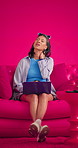 Studio, girl or laptop with neck pain on sofa for poor posture, elearning stress or discomfort. Mockup space, gen z student and tech with muscle tension on pink background for exam anxiety or massage