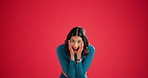Happy woman, face and wow in studio for congratulations, winning or success. Female person, personal trainer and shocked with excited for thank you, support and mockup space on red background