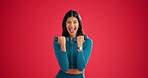 Studio, face and woman with dumbbells for fitness, exercise and workout for health on red background. Portrait, weightlifting and strength training with happy person, muscle, power and excited