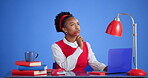 Thinking, student and woman with laptop, education and planning for assignment with ideas and space. Blue background, reflection and black person with tech for quiz, info or typing research in studio