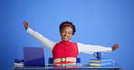 Black woman, stretching and laptop with break in studio for productivity on a blue background. Female person, relax and rest with smile on computer or desk for finished, done or task completion