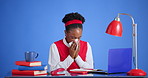 Black woman, sick and blowing nose with tissue in studio for influenza on a blue background. Female person, flu or cold with sinus, hayfever or viral infection for allergy, disease or bacteria virus