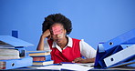 Burnout, files and black woman with documents for overworked, stress or fatigue with project. Paperwork, sticky note and African female corporate employee with do not disturb by blue background.