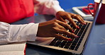 Woman, hands and typing with laptop for email, research or schedule planning on office desk. Closeup, female person or employee writing with computer or keyboard for project agenda, tasks or ideas
