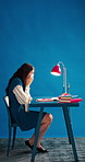Sneeze, tissue and business woman in studio, allergies and mockup space for flu infection symptoms. Desk, hayfever and sick employee with germ safety practice for illness, sinus or blue background 