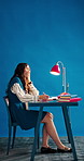 Yawning, student and woman with notebook, studio or tired of studying, education and blue background. Time, check and person with fatigue for assignment preparation, mockup space and writing research