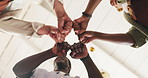 Low angle, fist bump and business people in office, meeting for motivation and creative agency. Below, employees and journalist in workplace, speed and team building for article deadline and gesture