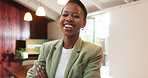 Face, funny and black woman in office, arms crossed and confidence for magazine editing. African person, employee and journalist in workplace, pride and laughing for humor, creative agency and smile