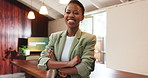 Face, funny and black woman in workplace, arms crossed and confidence for magazine editing. African person, writer and journalist in office, career ambition and laughing for humor and creative agency