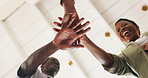 Low angle, hands stack and business people in office, copywriting and support for submission project. Employees, funny or journalist in workplace, gesture for team building and cooperation for growth
