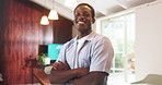 Face, funny and black man in office, arms crossed and confidence for copywriting startup. African person, writer and journalist in workplace, smile and laughing for humor, creative agency and author