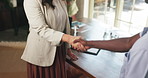 Business people, meeting and handshake with deal for agreement, partnership or recruiting in office. Employees, colleagues or shaking hands with b2b for onboarding, hiring or interview in workplace