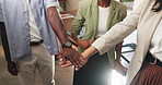 Applause, hands stack and business people in office, copywriting and celebration for submission. Clapping, creative goals or journalist in workplace, gesture for motivation and achievement for column