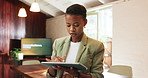 Tablet, sustainability and black woman in office, typing and planning for go green online campaign. African person, earth day project and employee in workplace, tech and research for climate change