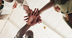 Low angle, hands stack and business people in office, creative agency and applause for article. Cheering, clapping or journalist in meeting, gesture for achievement and celebration for news report