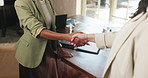 Business people, meeting and handshake with agreement, partnership or recruiting for deal in office. Employees, colleagues or shaking hands with b2b for onboarding, hiring or interview in workplace