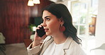 Thinking, business and woman with phone call in office for discussion, planning and news update. Person, mobile or listening for online interview, consulting source and editor feedback on publication