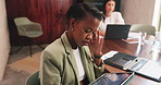 Woman, headache and stress with tablet in office for mistake, pressure or project deadline. Frustrated, female person or employee with technology app, migraine or brain fog for strain in workplace