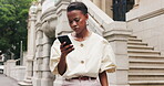 Waiting, phone or business woman on city street, digital lift request or transport service for travel. Check trip price, courthouse or African lawyer with mobile to track arrival, book ride or search