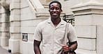 Face, black man and student with smile outdoor for travel, education and college scholarship. Portrait, male person and happiness with backpack, morning commute and studying opportunity for knowledge