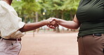 Deal, handshake, and park with business women meeting for agreement, partnership or thank you. B2B, contract and success with employee people shaking hands outdoor for collaboration or welcome
