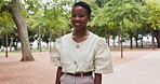 Face, business and black woman with smile at park for travel, career pride and about us as lawyer. Portrait, female attorney or happy for morning commute, legal consultant and ambition for court case