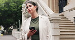 Waiting, phone and businesswoman on city street, digital lift request and transport app for travel. Patience, commute service or person with mobile to track arrival, traffic delay and search for ride