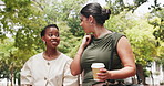 Walk, talk and business women at park, team update or sustainability planning with coffee. Outdoor, discussion and smile on morning commute with green consultant, collaboration or feedback for idea