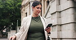 Luggage, phone and travel with businesswoman in city for commute, flight schedule online check in. App, baggage and typing text message with employee person outdoor for communication or walking