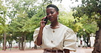 Business, phone call and black woman in city, conversation and digital app for online chatting. Professional, internet or African person in street, cellphone or communication with network and talking