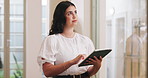 Business, thinking and woman in office, tablet for email or problem solving for article deadline. Person, subscription or journalist in workplace, copywriting or tech for story ideas, planning or app