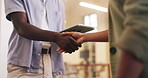 Tablet, handshake or business people meeting in office, partnership or cooperation for closing deal. Agreement, contract discussion or staff shaking hands for b2b alliance offer, tech or opportunity