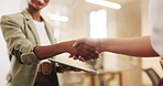 Tablet, handshake or business people with discussion in office, partnership or agreement for closing deal. Cooperation, contract commitment or women shaking hands for b2b alliance, tech or talking