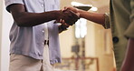 Tablet, people or shaking hands with discussion in office, partnership or agreement for closing deal. Cooperation, contract negotiation or staff handshake for b2b alliance offer, tech or opportunity