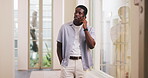 Serious, man and phone call in office, talk and discussion with contact for pr meeting and schedule. Creative, publicist and black person with mobile for communication and consultation with tech