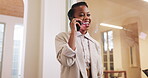 Woman, laughing and phone call in office, talk and communication with contact for pr meeting or chat. Creative, publicist and black person with mobile for funny discussion and consultation with tech