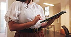 Woman, hands and tablet in office with stylus, research or proofreading report for online press release. Person, tech and browse in workplace with plan, website or email for public relations project.