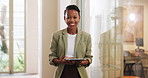Face, black woman and smile in office with tablet, research and pride for public relations career. Happy, person and publicist in workplace with tech, confidence or about us for brand management job.
