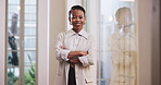 Journalist, face or black woman in office with arms crossed, experience or pride in media job. Portrait, laugh or female person with confidence, press or career growth in publishing industry.