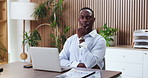 Thinking, insight or black man in office with laptop, problem solving or funding ideas for budget pitch. Review, firm or financial consultant with tech, online report or proposal plan for investment.