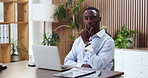 Businessman, thinking and laptop in office with research, documents and idea for financial investment. Black person, reflection and typing in workplace with computer, planning and email for funding.
