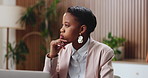Businesswoman, thinking and laptop in office with idea, documents or research for financial investment. Black person, reflection and typing in workplace with computer, planning and email for funding.