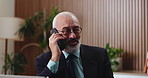 Smile, speaking or man with phone call in office, streamline trading process or investment deal discussion. Verify transaction, mobile or mature broker with stocks negotiation, listen or agreement